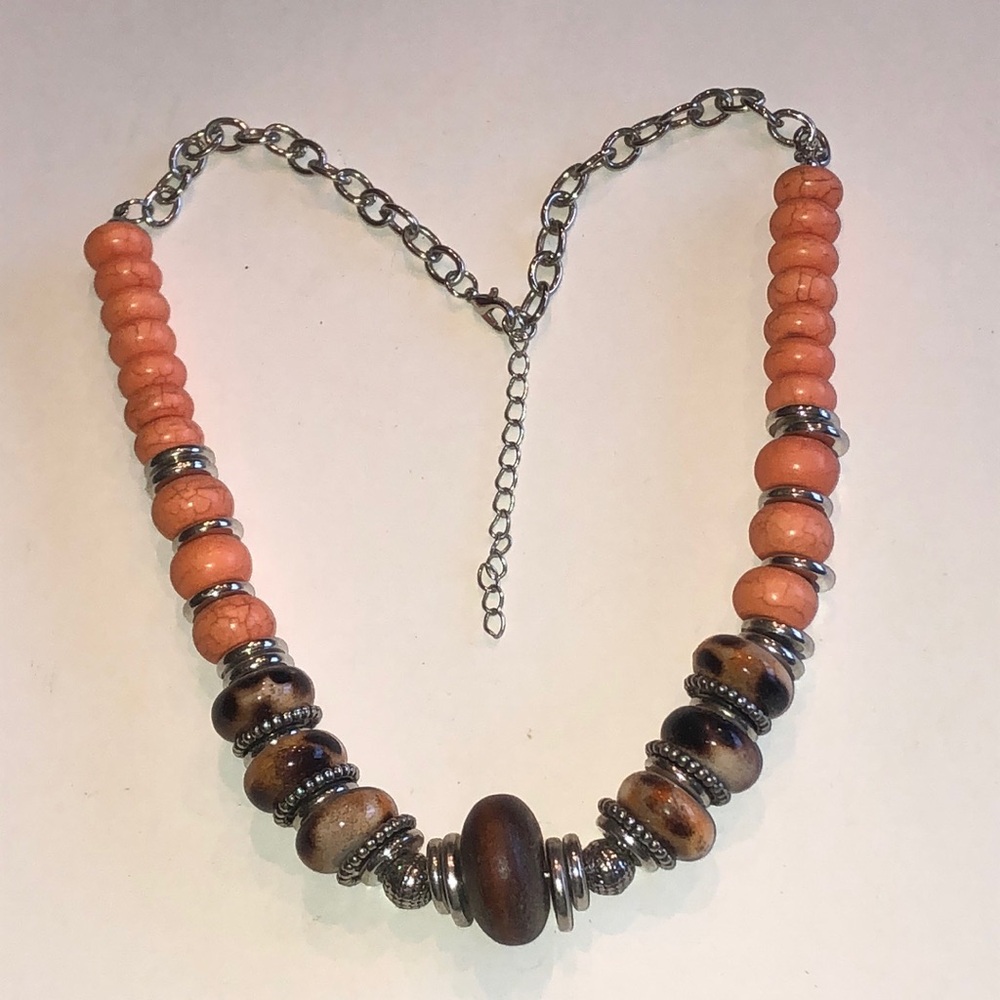 Coral Color and Brown Beaded Boho Necklace